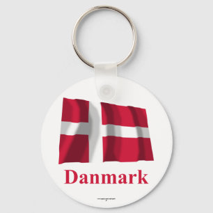 Denmark Waving Flag with Name in Danish Key Ring
