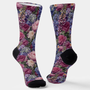 Dense English Garden Floral Arrangement Socks