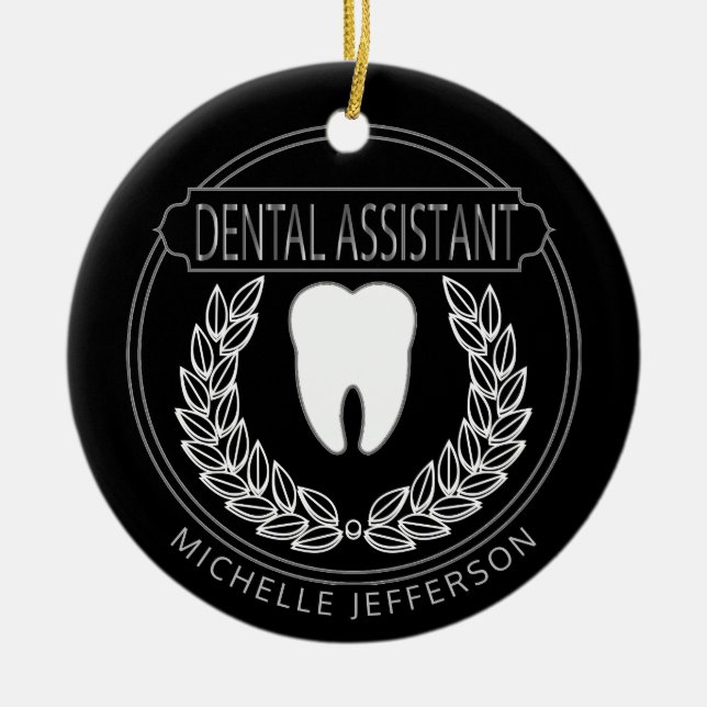 Dental 🦷 Assistant  - Black, White and Silver Ceramic Ornament (Front)