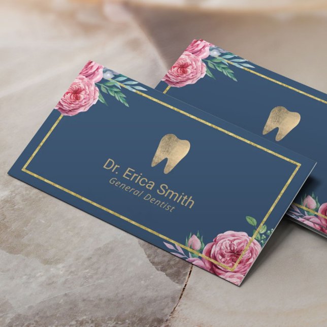 Dental Care Elegant Navy & Gold Floral Dentist Business Card (Creator Uploaded)