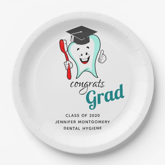 Dental Care Happy Tooth Graduation Cap Paper Plate (Front)