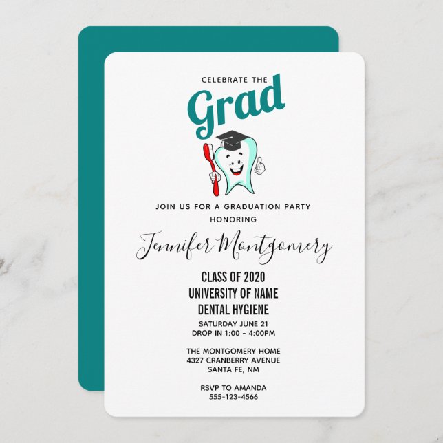Dental Care Happy Tooth with Graduation Cap Invitation (Front/Back)