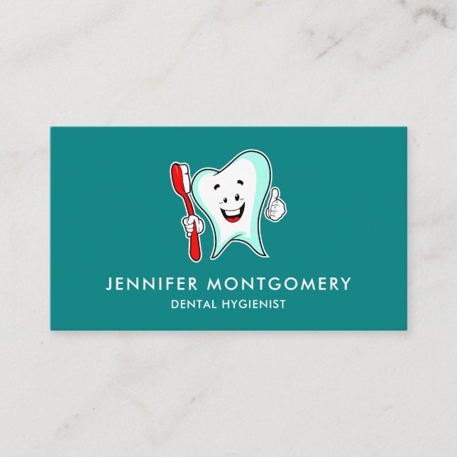 Dental Care Happy Tooth with Toothbrush Business Card (Front)