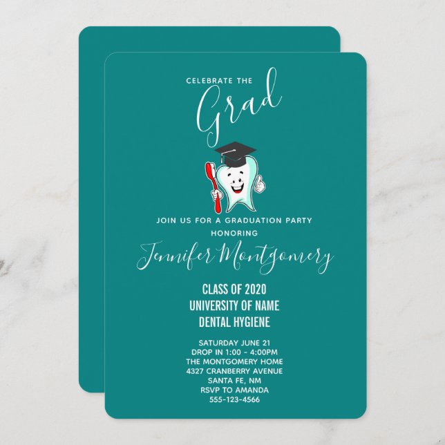 Dental Care Happy Tooth with Toothbrush Graduation Invitation (Front/Back)