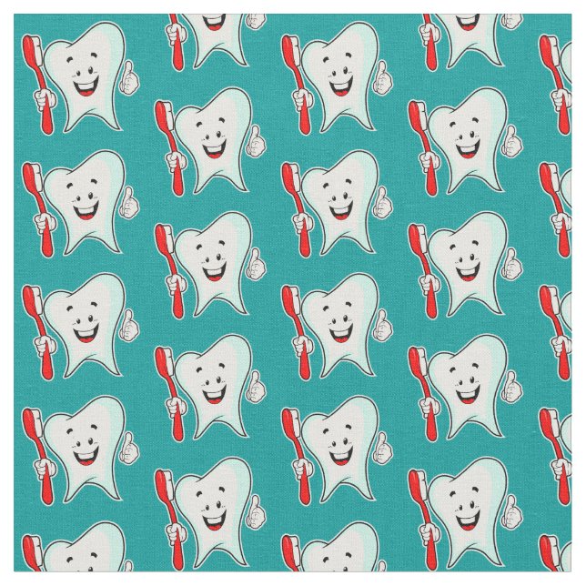 Dental Care Happy Tooth with Toothbrush Pattern Fabric (Close Up)