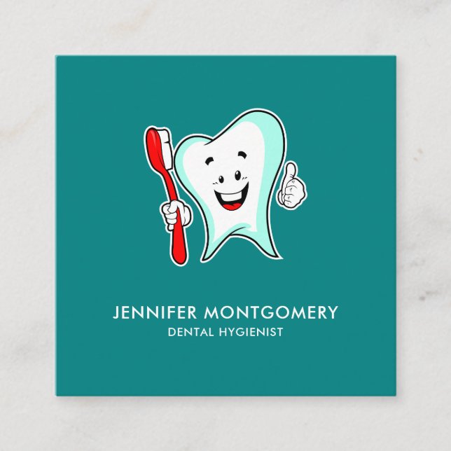 Dental Care Happy Tooth with Toothbrush Square Business Card (Front)