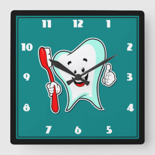 Dental Care Happy Tooth with Toothbrush Square Wall Clock