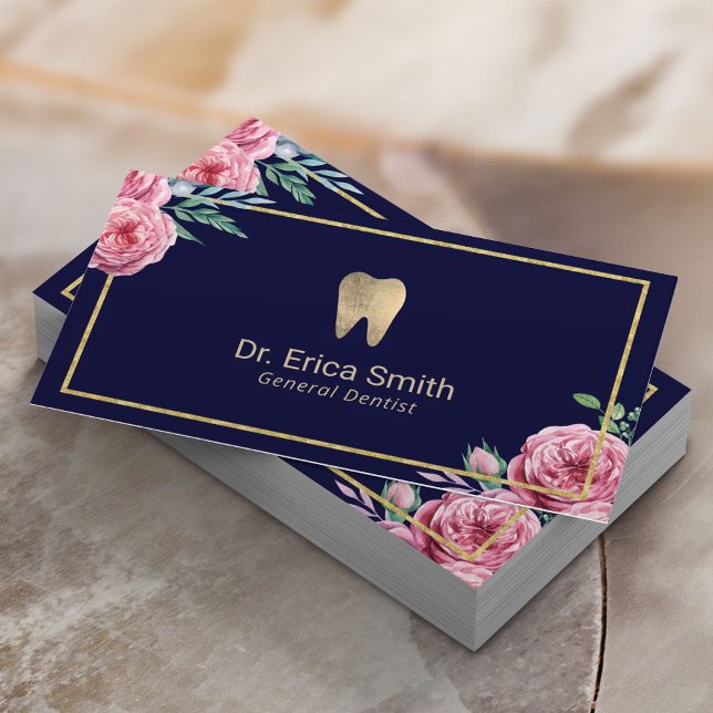 Dental Care Modern Navy & Gold Floral Dentist  Business Card (Creator Uploaded)