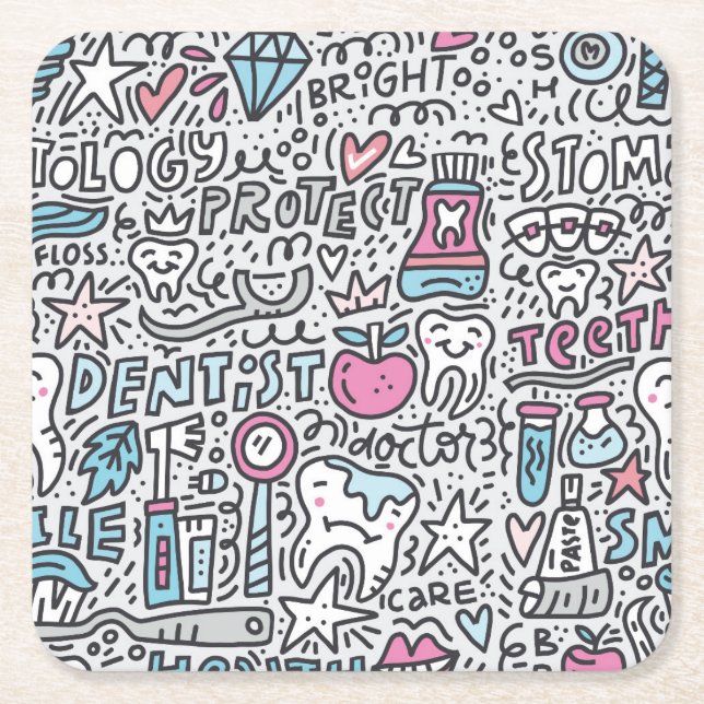 Dental Cartoon Pattern Square Paper Coaster (Front)