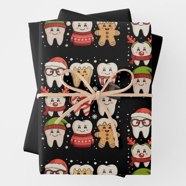 Dental Christmas Cute Teeth Dentist Santa Hat Xmas Wrapping Paper Sheet (In situ)