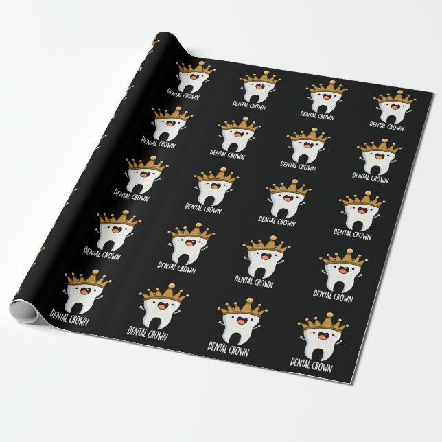 Dental Crown Funny Tooth Pun Dark BG Wrapping Paper (Unrolled)
