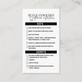 Dental Extraction Aftercare Tooth Instruction Card