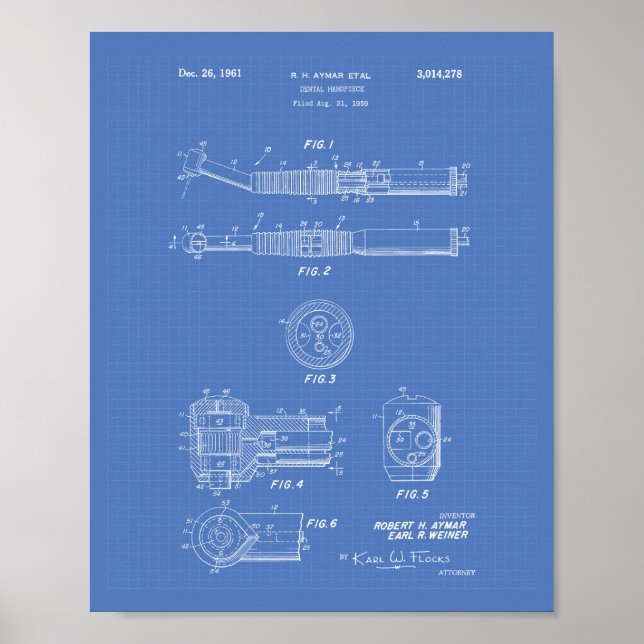 Dental Handpiece 1961 Patent Art Blueprint Poster (Front)