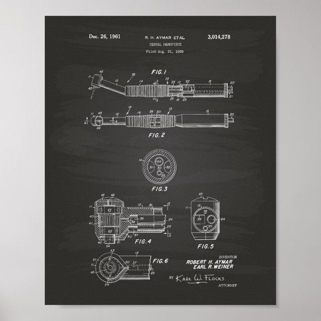 Dental Handpiece 1961 Patent Art Chalkboard Poster (Front)