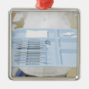 Dental hygienist  holding tray of dental metal tree decoration