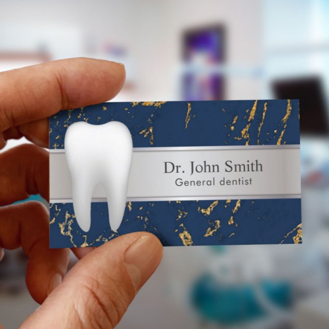Dental Modern Navy Gold Marble Silver Dentist Business Card (Creator Uploaded)