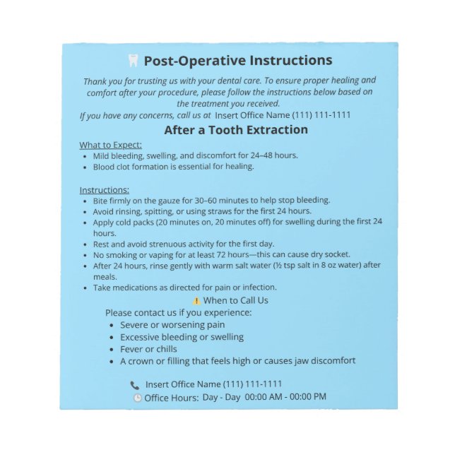 Dental Post Op Instructions Notepad (Extraction) (Front)
