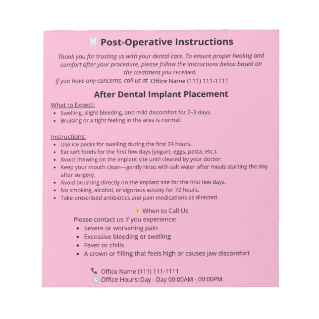  Dental Post Op Instructions Notepad (Implant) (Front)