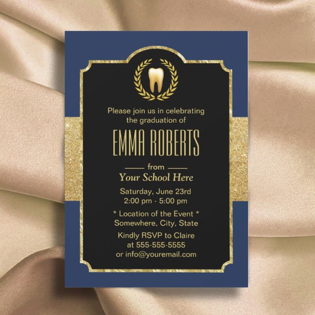 Dental School Graduation Navy Blue & Gold Dentist Invitation (Creator Uploaded)