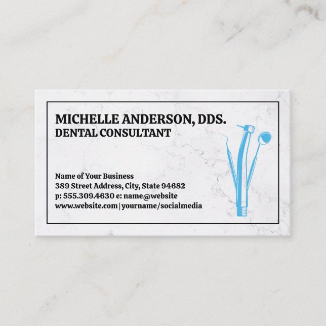 Dental Tools Logo | Marble Background Business Card (Front)