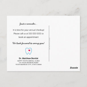Dentist appointment reminder tooth with heart blue postcard