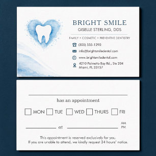 Dentist Blue Heart Watercolor Tooth Appointment Card