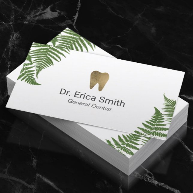 Dentist Botanical Fern Gold Tooth Dental Care Business Card (Creator Uploaded)