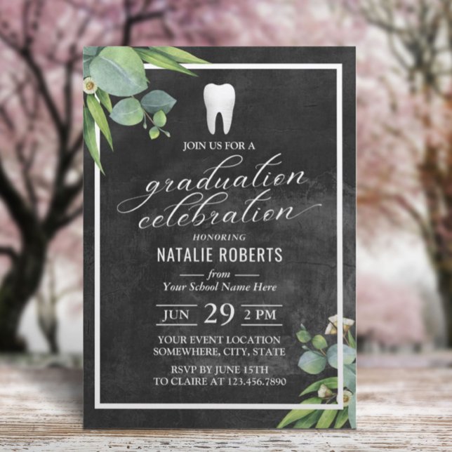 Dentist Botanical Foliage Chalkboard Graduation Invitation (Creator Uploaded)