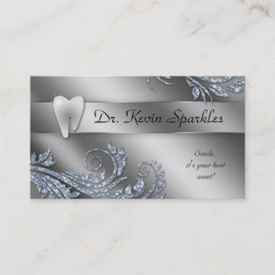 Dentist Business Card Silver Sparkle Leaf Tooth