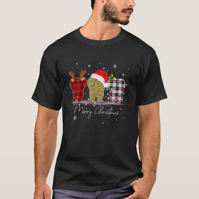 Dentist Christmas Funny Leopard Plaid Tooths Denta T-Shirt (Front)