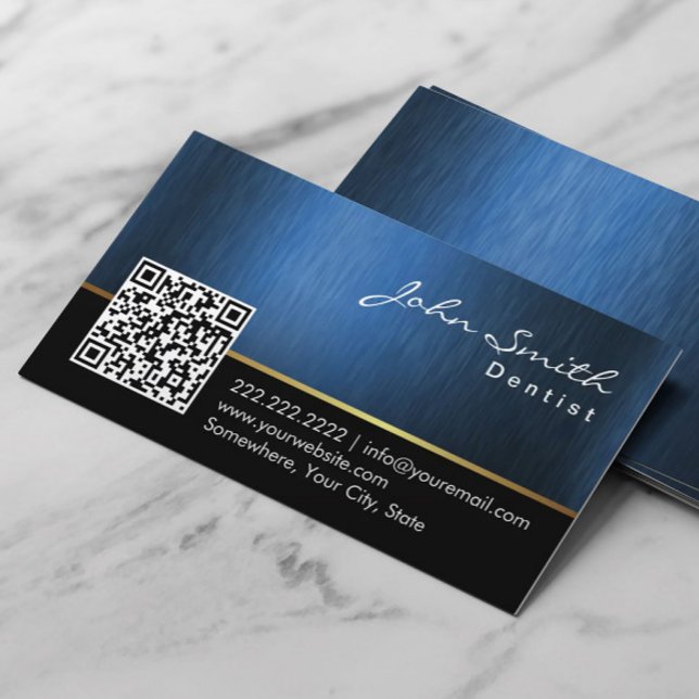 Dentist Dental Care Metallic Navy Blue QR Code Business Card (Creator Uploaded)