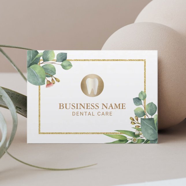 Dentist Dental Care Modern Gold Border Botanical Business Card (Creator Uploaded)