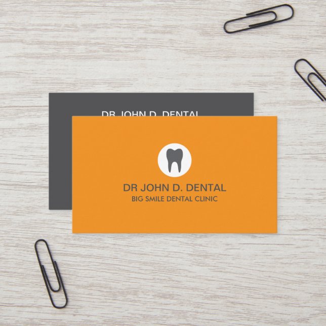 Dentist, dental grey business card with tooth logo (Front/Back In Situ)