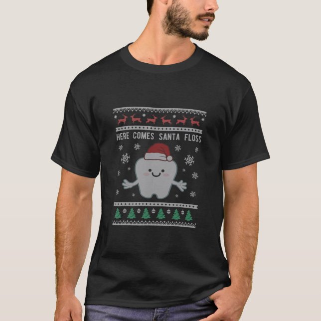 Dentist Dental Santa Floss Ugly Christmas T-Shirt (Front)