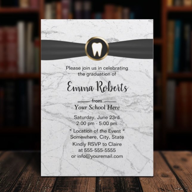 Dentist Dental School Graduation White Marble Invitation (Creator Uploaded)