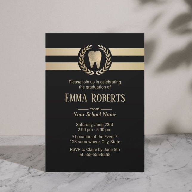 Dentist Dental School Modern Black Gold Graduation Invitation (Creator Uploaded)