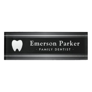 Dentist dental white tooth black gray name tag