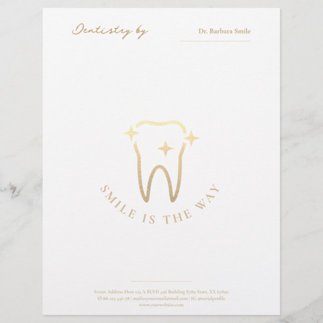 Dentist Dentistry Gold Tooth White and Blue Grey Custom Letterhead (Front)