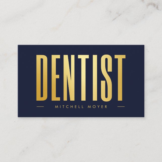 Dentist Dentistry Tooth Logo Navy Blue and gold Business Card (Front)