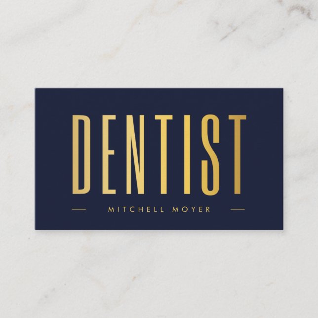 Dentist Dentistry Tooth Logo Navy Blue and gold Business Card (Front)