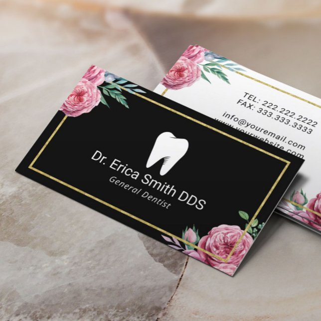 Dentist Elegant Floral Gold Framed Dental Care Business Card (Creator Uploaded)