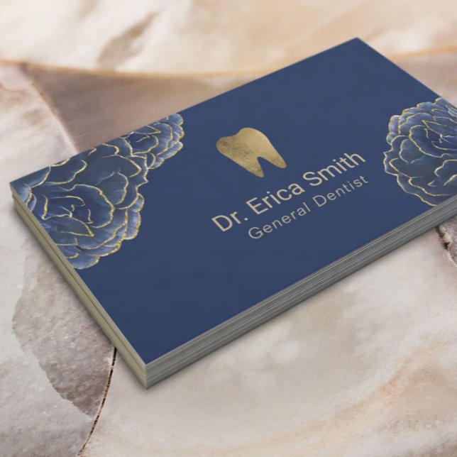 Dentist Gold Tipped Navy Blue Floral Dental Care Business Card (Creator Uploaded)