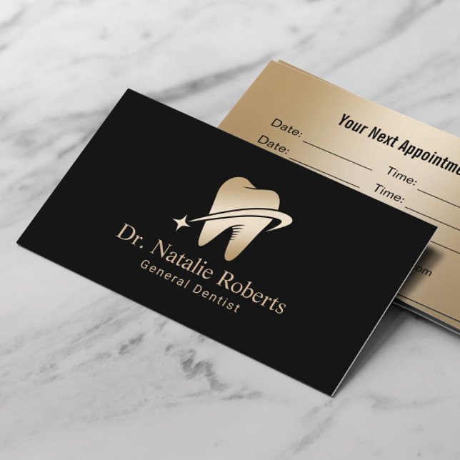Dentist Gold Tooth Logo Professional Black Dental Appointment Card (Creator Uploaded)