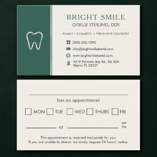 Dentist Green Metallic Tooth Appointment Card