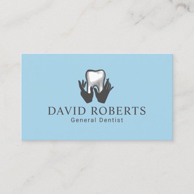 Dentist Hands & Tooth Light Blue Dental Care Business Card (Front)