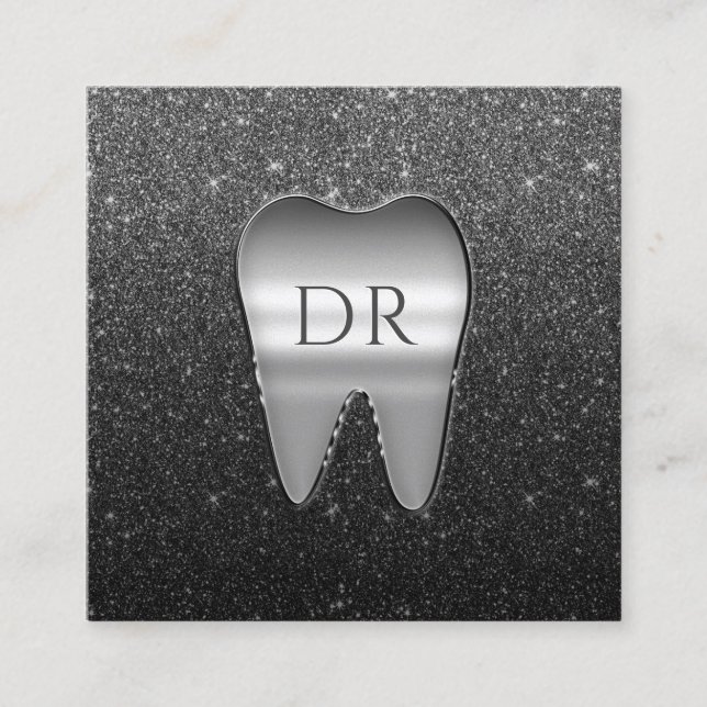 Dentist Metal Tooth Logo Black Glitter Dental Square Business Card (Front)