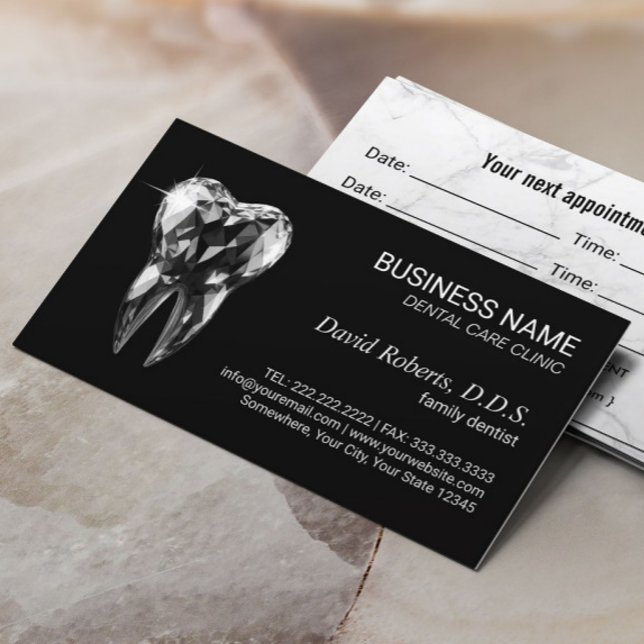 Dentist Modern Diamond Tooth Black Dental Office Appointment Card (Creator Uploaded)