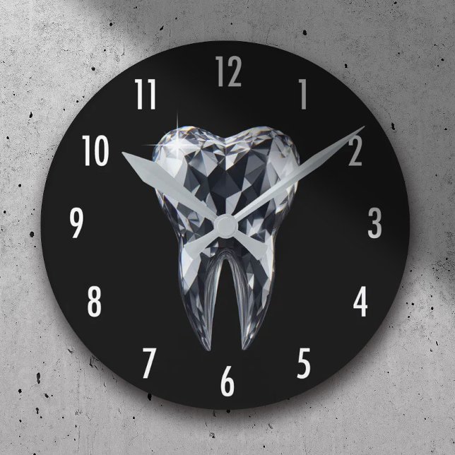 Dentist Modern Diamond Tooth Black Dental Office Round Clock (Creator Uploaded)