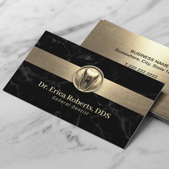 Dentist Modern Gold 3D Tooth Black Dental Office Business Card (Creator Uploaded)