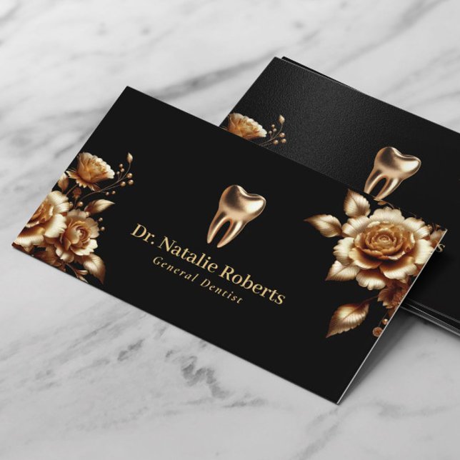 Dentist Modern Gold Floral Black Dental Care Business Card (Creator Uploaded)